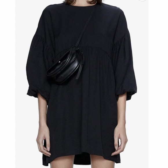 ZARA Women’s Small Voluminous Dress Black Puff Mid Sleeves Loose Fit Stretch - Picture 2 of 10